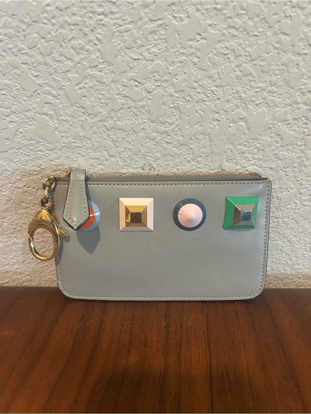 Fendi Gray Leather Key Cles with Colorful Stud Accents with COA